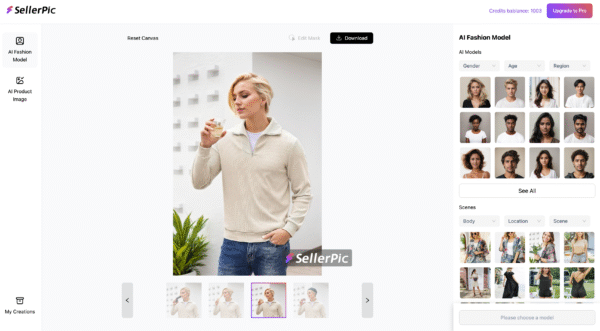 SellerPic interface showing AI fashion model generation with diverse model options and background styling.