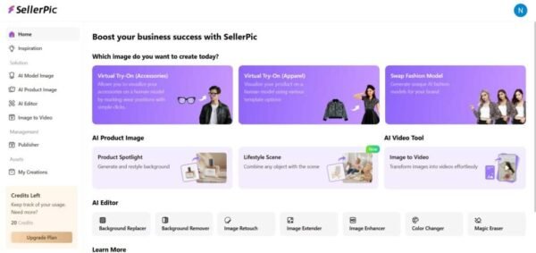SellerPic pricing dashboard displaying tiers with credits, video generation limits, and plan details