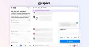 Spike inbox as a conversational feed showing message threads grouped by person and AI‑generated summary snippets