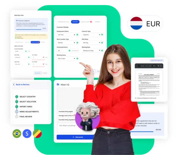 Albert.ai promotional graphic combining dashboard mockup with user persona illustration