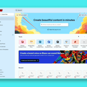 Blaze.ai Easy Button and content wizard interface for generating new marketing posts.