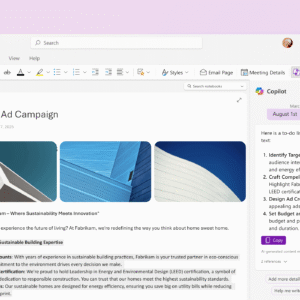 OneNote Copilot sidebar showing AI-generated task list and action items from a meeting note.