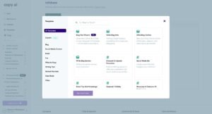 Copy.ai interface showing left-hand sidebar with Chat, Projects, Infobase, Templates and tools navigation.