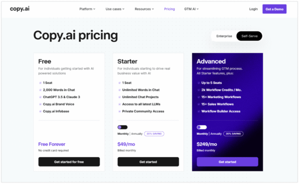 Copy.ai pricing comparison screenshot highlighting different plan tiers side by side.