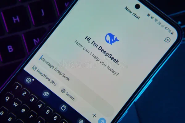 DeepSeek.ai mobile app interface showing chat input screen and logo on smartphone.