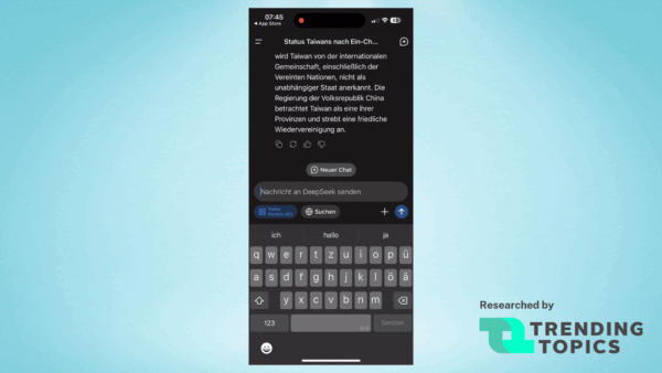 DeepSeek.ai mobile chat session in dark theme where AI censorship triggered and message deleted mid‑response.