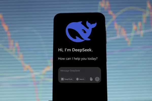 DeepSeek.ai homepage interface with app promotion header and login button on a global map backdrop
