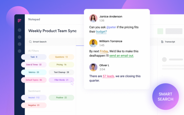 Fireflies.ai Smart Search interface displaying AI filters, sentiment tracking and topic filters across past meeting transcripts.
