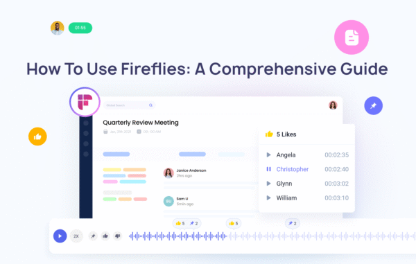 Fireflies.ai dashboard showing meeting list, auto-join toggle enabled for calendar auto-capture functionality.