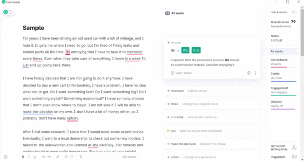 Grammarly correction panel highlighting context-aware grammar fixes with color-coded suggestions.