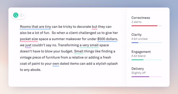 Grammarly’s web editor showing document insights, goals setting, tone, and target audience adjustments