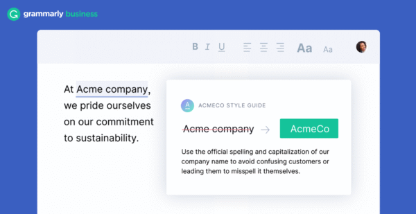 Grammarly Business style guide UI with custom company terms, brand tone controls, and policy enforcement options