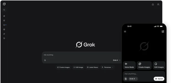 Main Grok homepage interface showing navigation menu with Grok, API, company links and an inviting search bar in dark theme