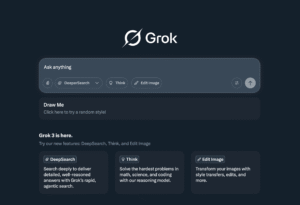 Grok AI conversational chat interface on Grok.com showing a user query input bar, branding logo and suggested prompt buttons.