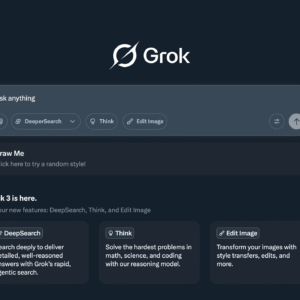 Grok AI conversational chat interface on Grok.com showing a user query input bar, branding logo and suggested prompt buttons.