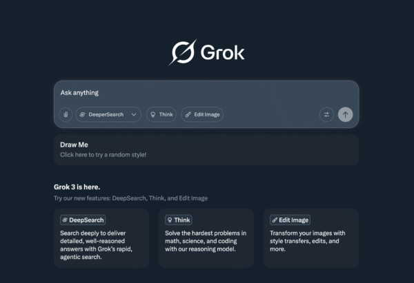 Grok AI conversational chat interface on Grok.com showing a user query input bar, branding logo and suggested prompt buttons.