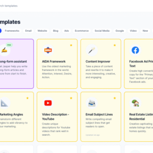 Jasper.ai dashboard showing template categories, brand voices, and recent content cards.