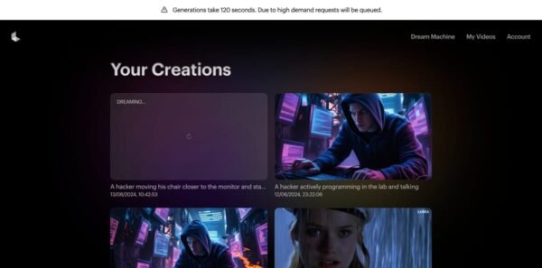 Luma Dream Machine interface displaying text prompt and queued video generation workflow