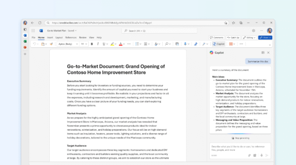 Microsoft Word with Copilot suggestions visible in right-hand pane offering writing enhancements.