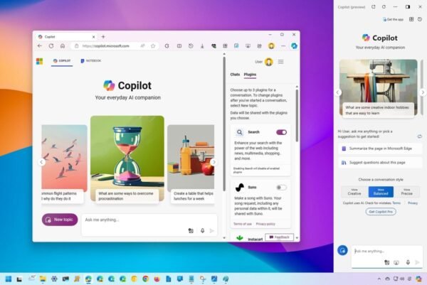 Microsoft Copilot Chat embedded in Windows 11 sidebar with content recommendations and app integrations.
