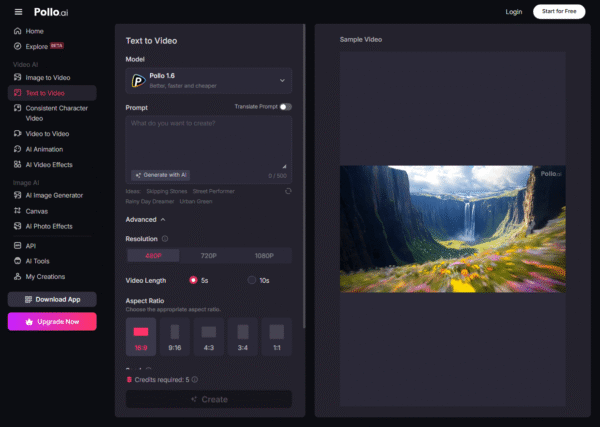 Pollo AI text-to-image interface showing prompt input and generated artwork previews