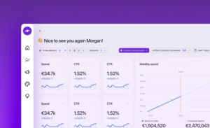 Smartly.io platform screenshot showing the new vertical navigation menu with organized sections for Creative, Media, Intelligence, and support features.