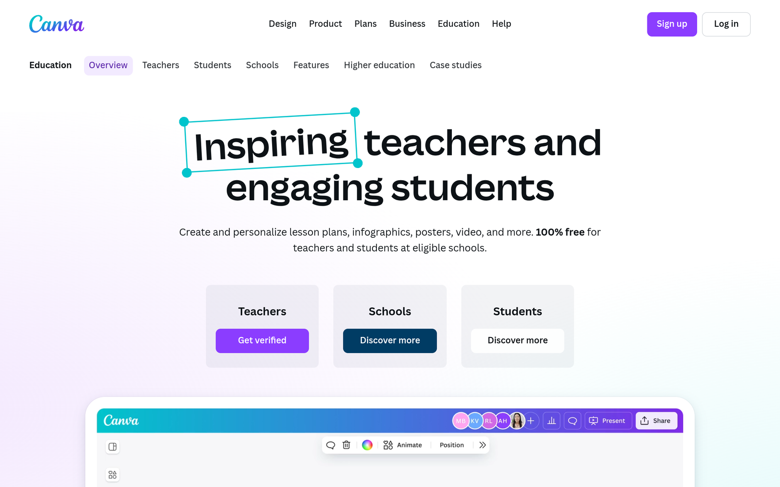 Canva for Education dashboard, Canva for Education interface screenshot, Canva for Education app UI,