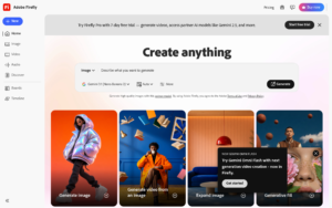 Adobe Firefly dashboard, Adobe Firefly interface screenshot, Adobe Firefly app UI,